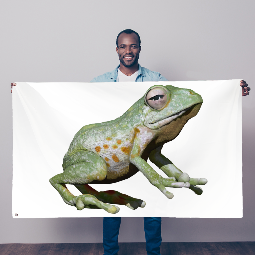 A vibrant Green Frog Sublimation Flag measuring 5FT x 3FT, made from durable polyester with double-stitched edges and two eyelets for hanging.