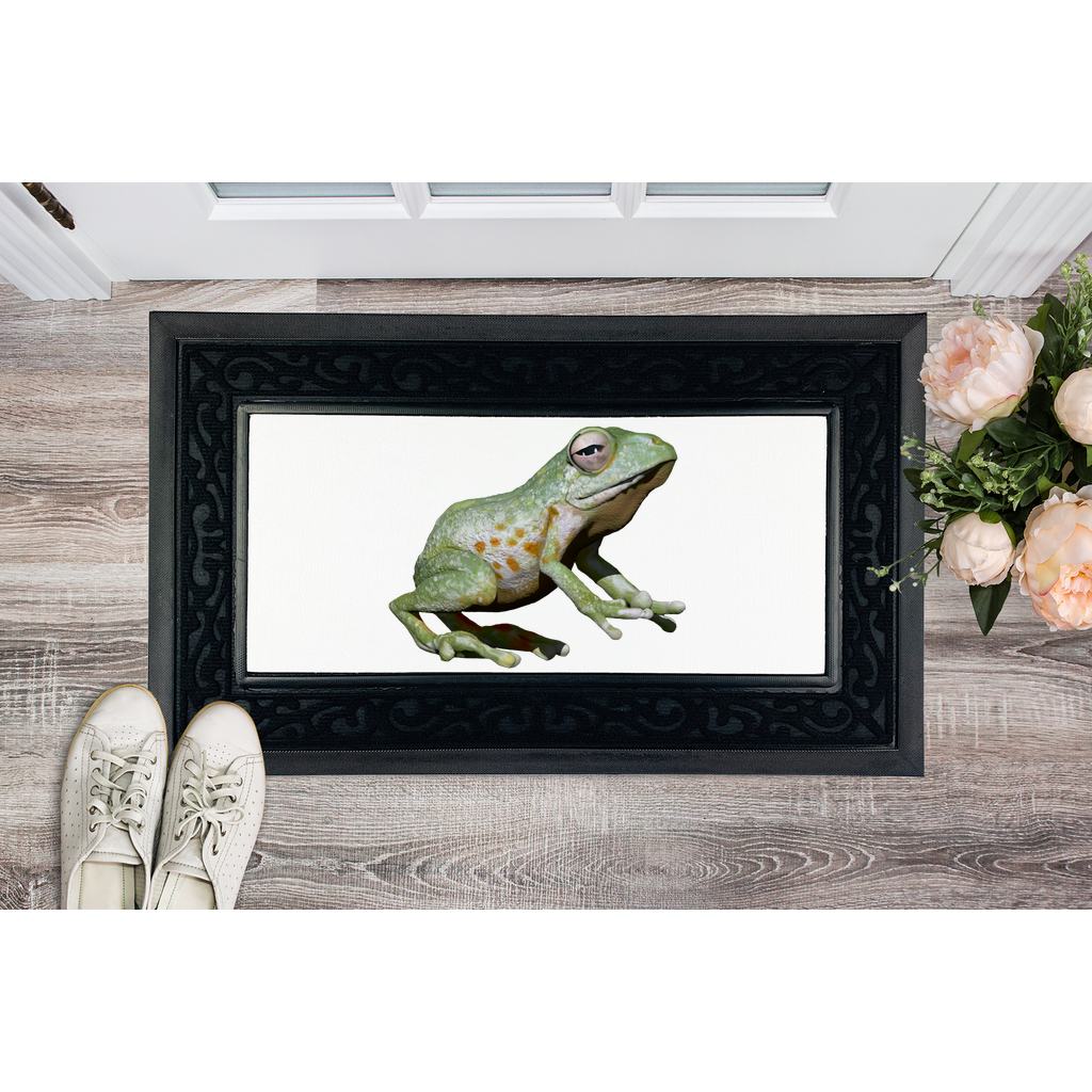 Green Frog Sublimation Heavy Duty Door Mat with removable fabric center and non-slip rubber base, measuring 45cm x 75cm.