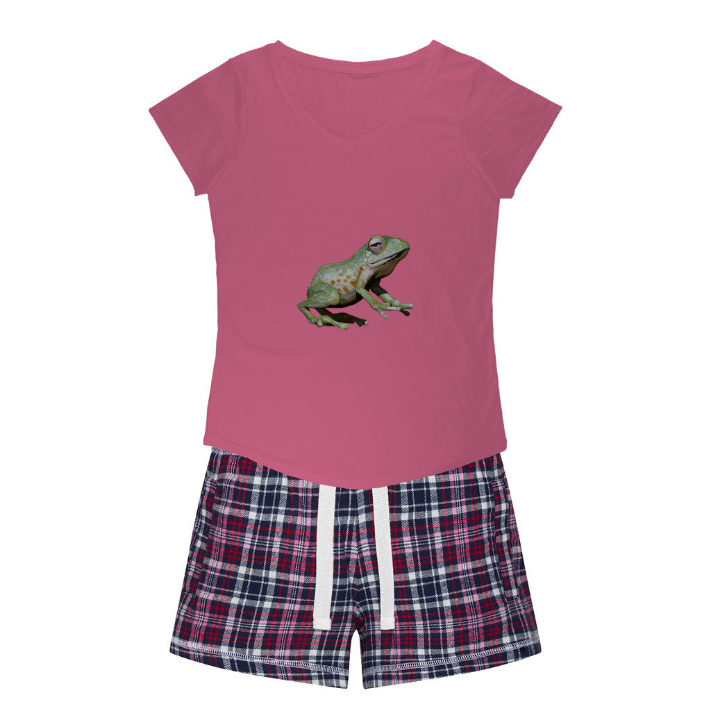 Green Frog Women's Sleepy Tee and Flannel Short set featuring a relaxed fit T-shirt and vibrant flannel shorts, perfect for cozy nights.