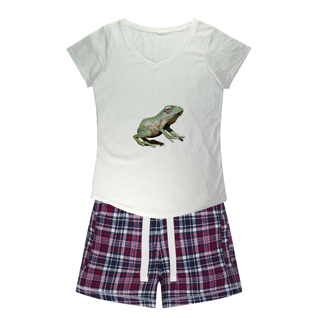 Green Frog Women's Sleepy Tee and Flannel Short set featuring a relaxed fit T-shirt and vibrant flannel shorts, perfect for cozy nights.