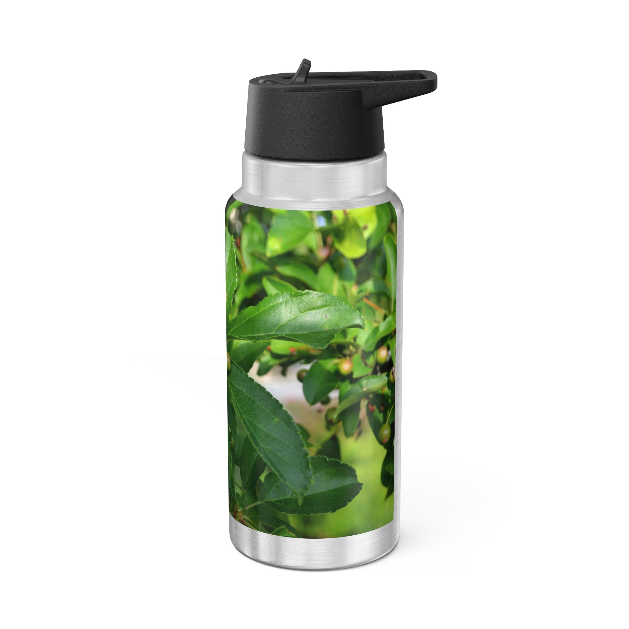 Green Leaves and Seeds Gator Tumbler, 32oz, featuring a vibrant nature-inspired design and a stainless steel body.