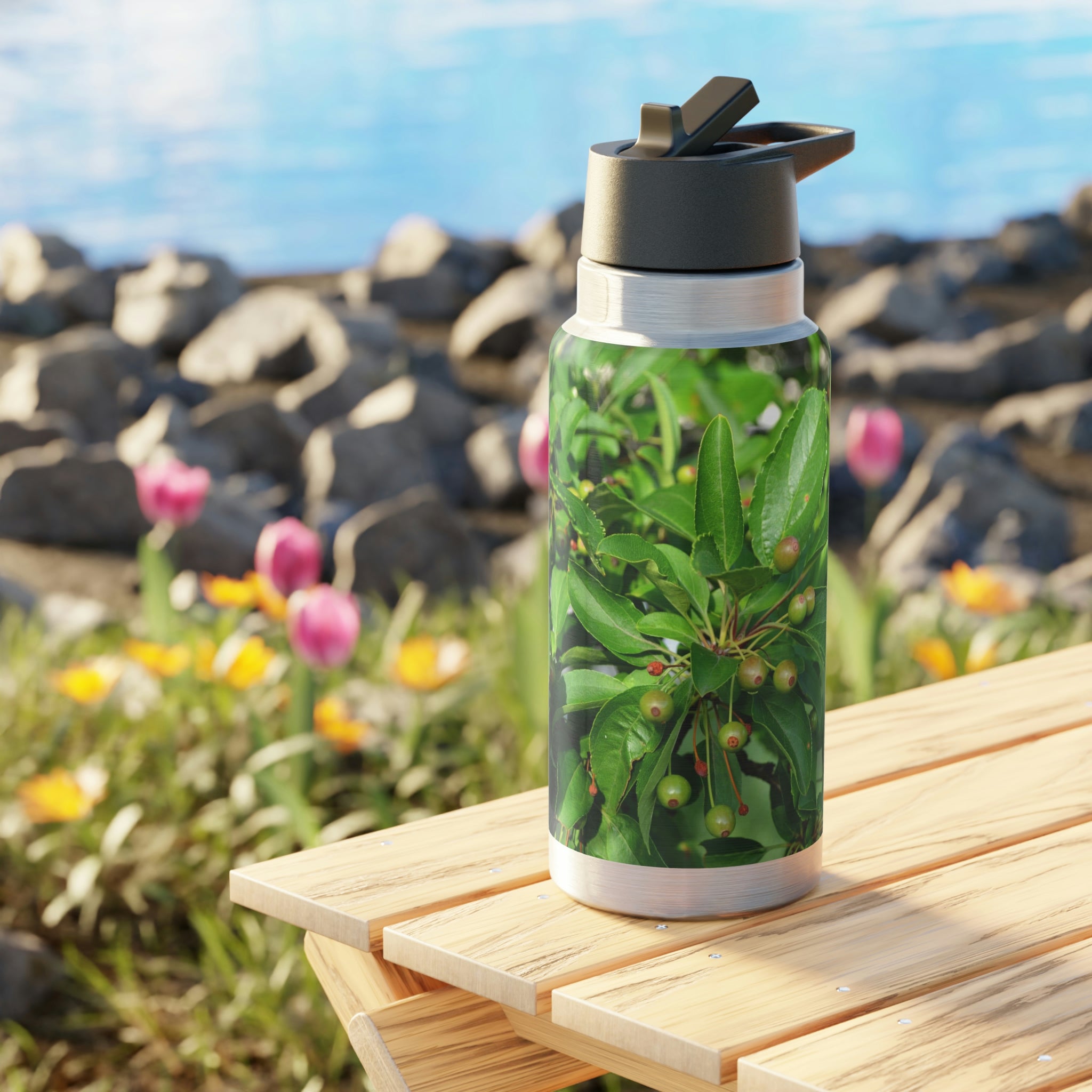 Green Leaves and Seeds Gator Tumbler, 32oz, featuring a vibrant nature-inspired design and a stainless steel body.