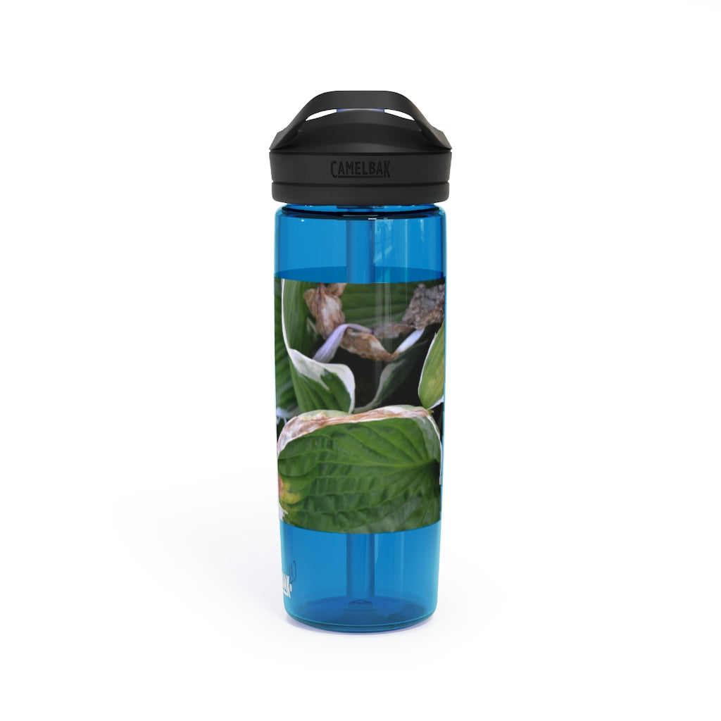 Green Leaves CamelBak Eddy® Water Bottle in 20oz and 25oz sizes, showcasing its durable design and spill-proof valve.