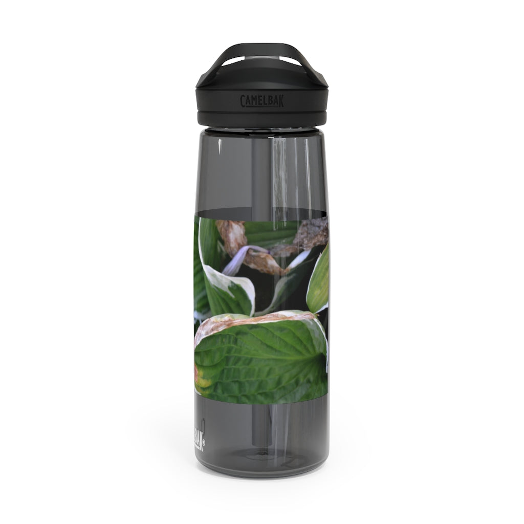 Green Leaves CamelBak Eddy® Water Bottle in 20oz and 25oz sizes, showcasing its durable design and spill-proof valve.