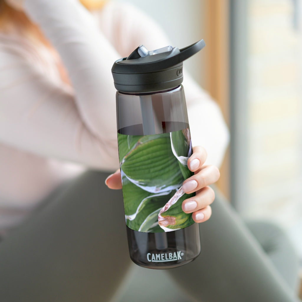 Green Leaves CamelBak Eddy® Water Bottle in 20oz and 25oz sizes, showcasing its durable design and spill-proof valve.