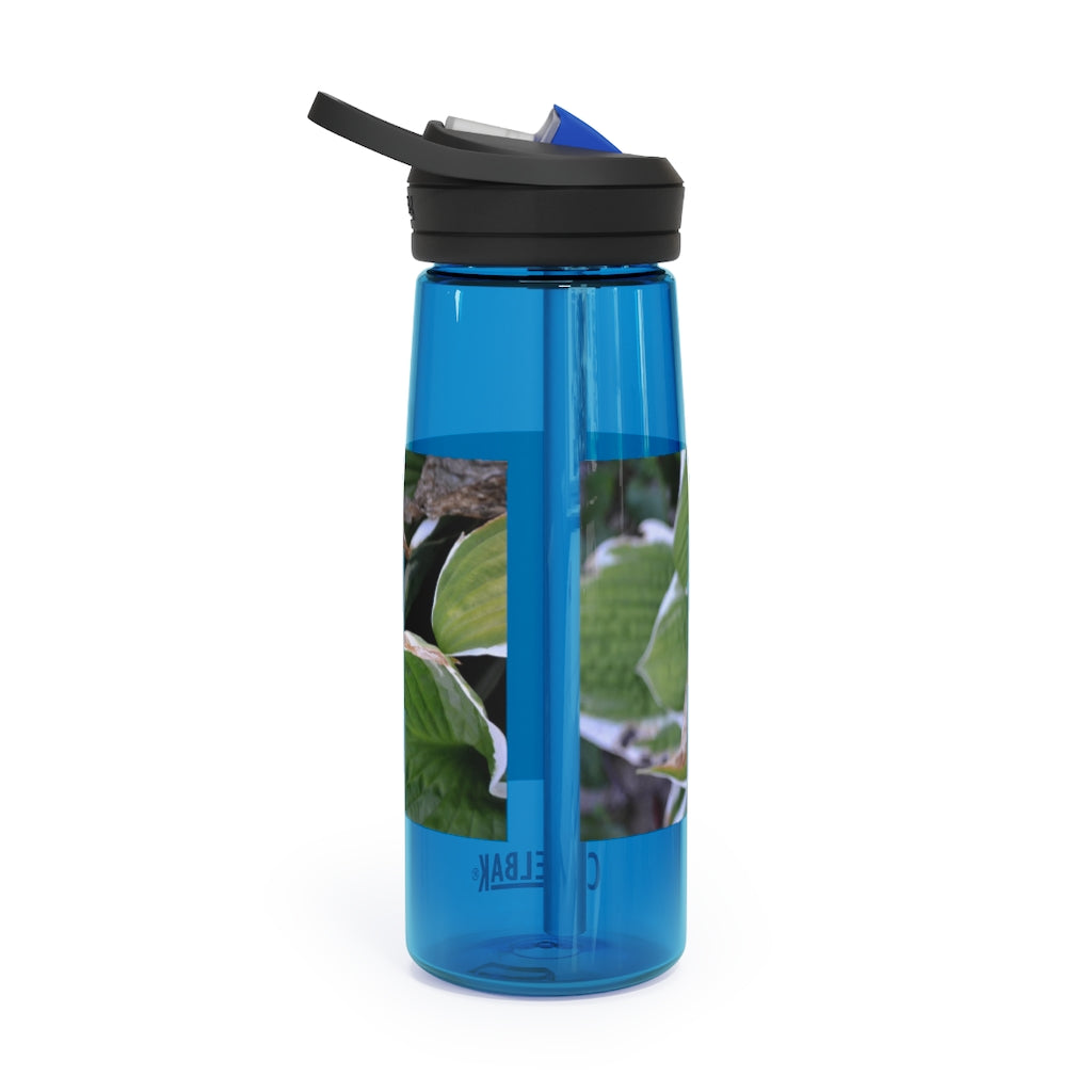 Green Leaves CamelBak Eddy® Water Bottle in 20oz and 25oz sizes, showcasing its durable design and spill-proof valve.