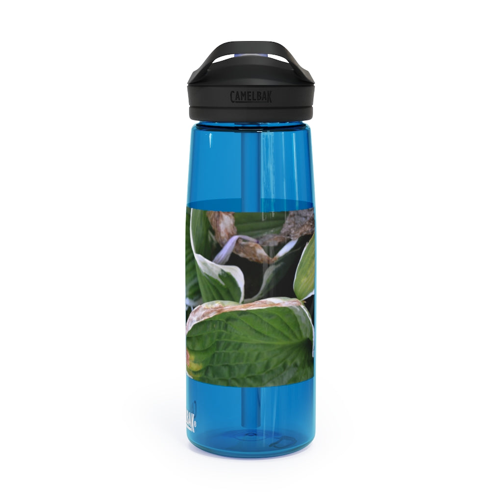 Green Leaves CamelBak Eddy® Water Bottle in 20oz and 25oz sizes, showcasing its durable design and spill-proof valve.