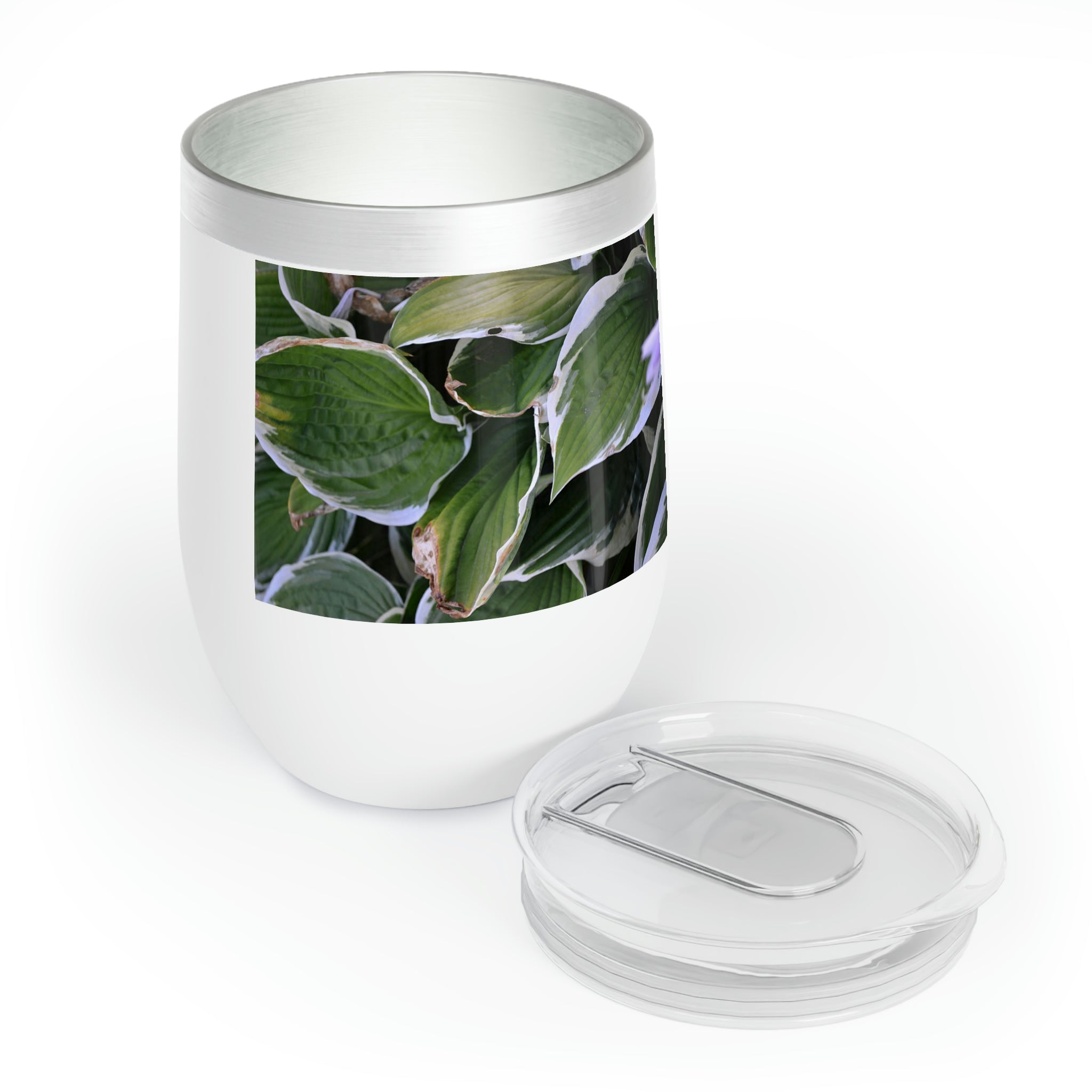 Green Leaves Chill Wine Tumbler with double-insulated walls and customizable design, perfect for wine lovers.