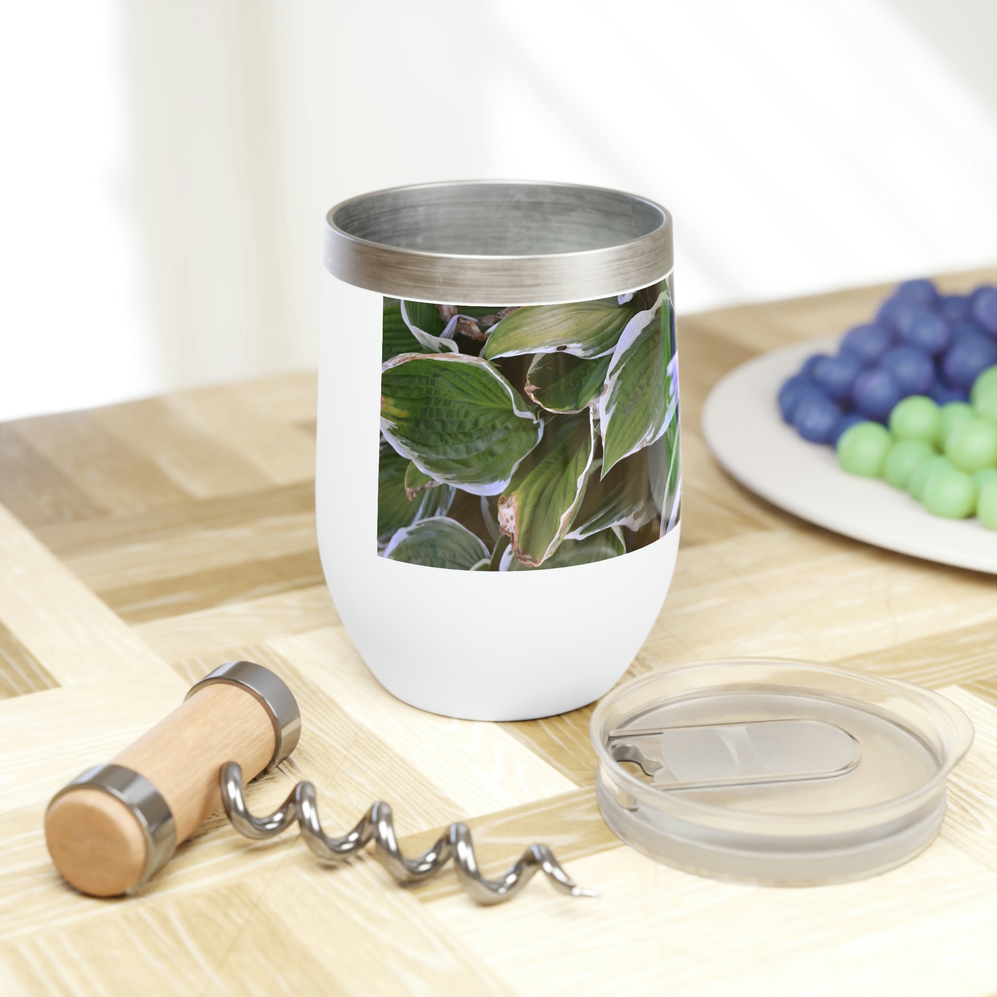 Green Leaves Chill Wine Tumbler with double-insulated walls and customizable design, perfect for wine lovers.