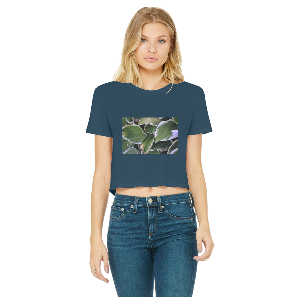 Green Leaves Classic Women's Cropped Raw Edge T-Shirt featuring a round neck, short sleeves, and a stylish raw edge cut hem.