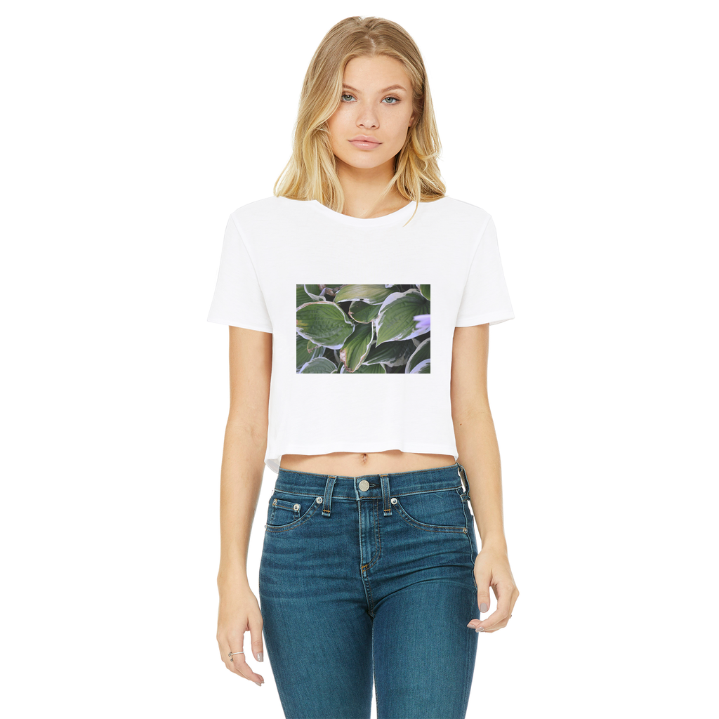 Green Leaves Classic Women's Cropped Raw Edge T-Shirt featuring a round neck, short sleeves, and a stylish raw edge cut hem.