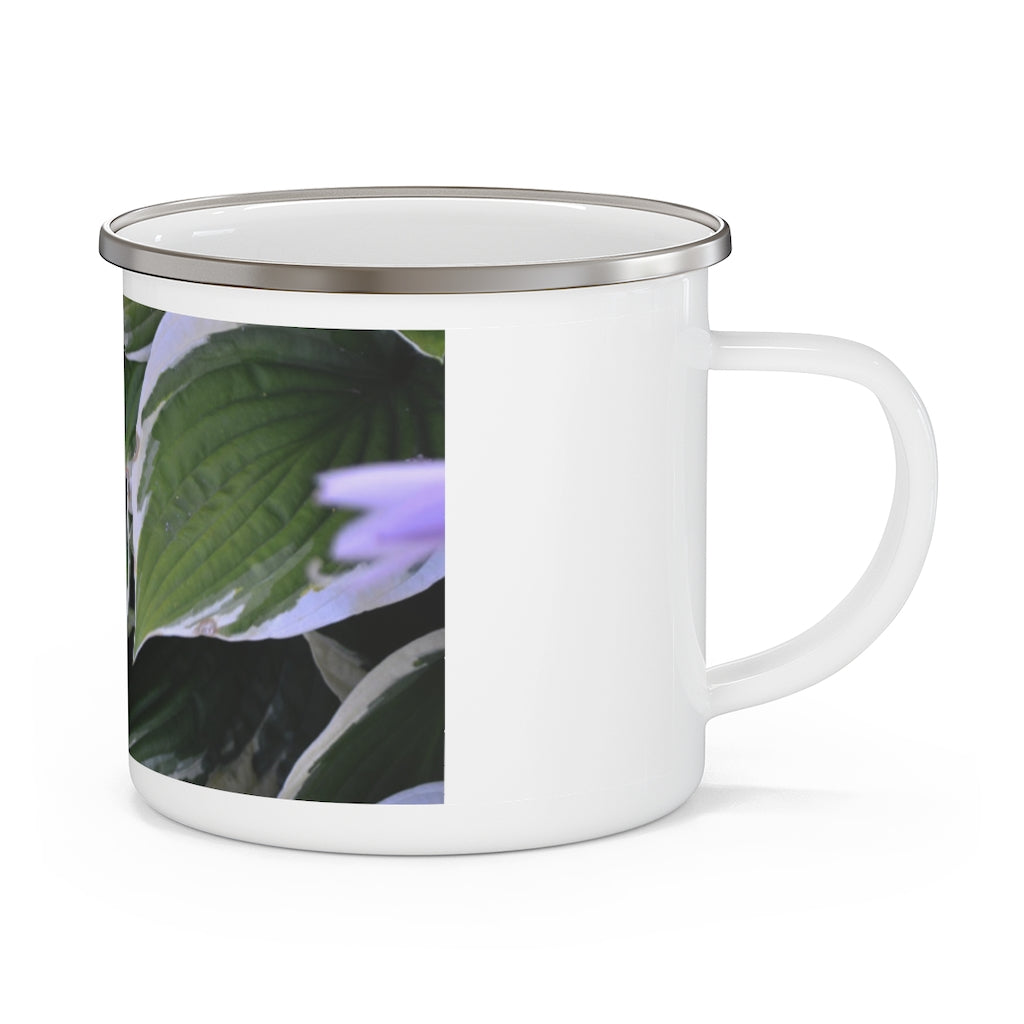 Green Leaves Enamel Camping Mug with a stylish design, perfect for outdoor adventures and personalized printing.