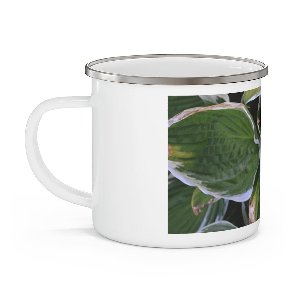 Green Leaves Enamel Camping Mug with a stylish design, perfect for outdoor adventures and personalized printing.