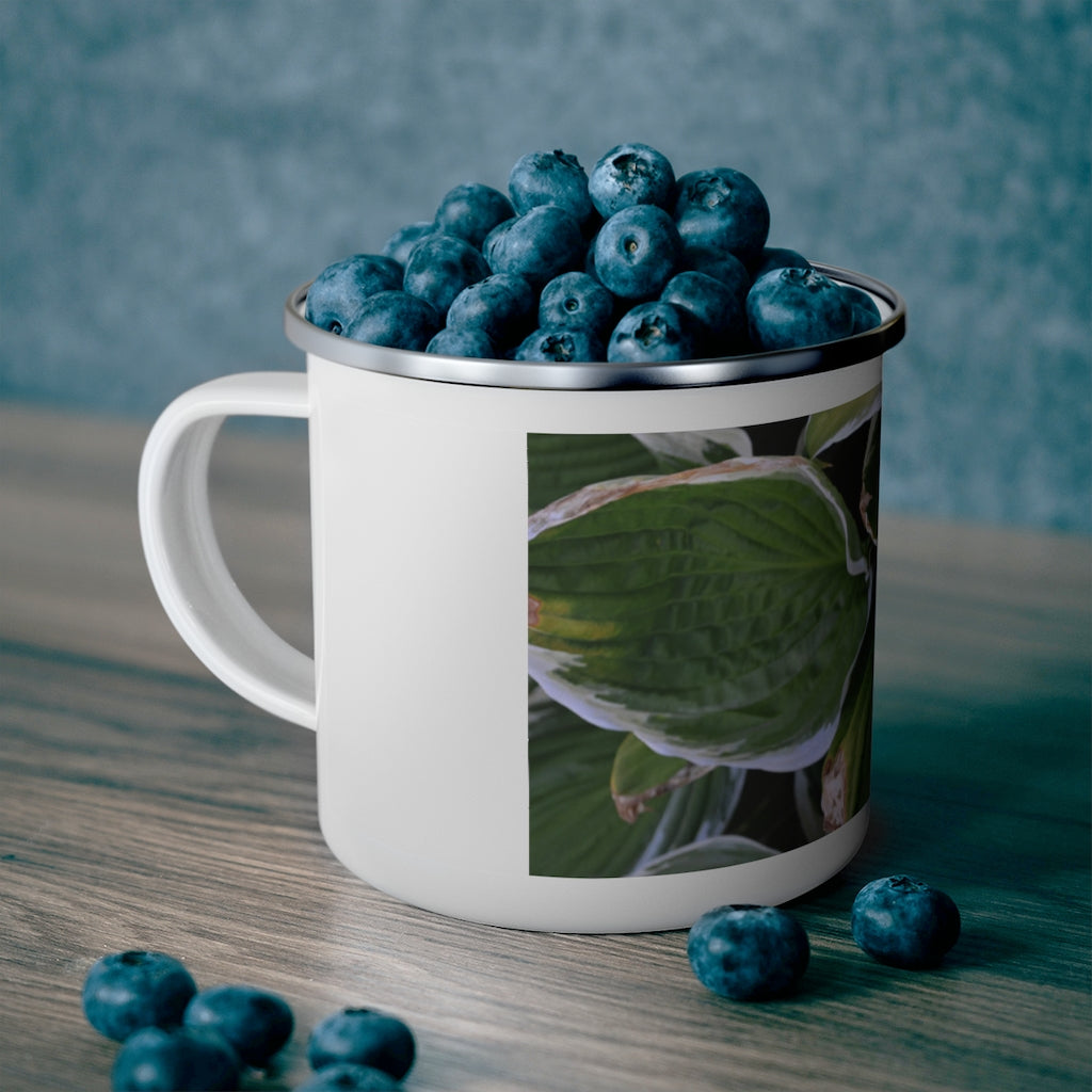 Green Leaves Enamel Camping Mug with a stylish design, perfect for outdoor adventures and personalized printing.