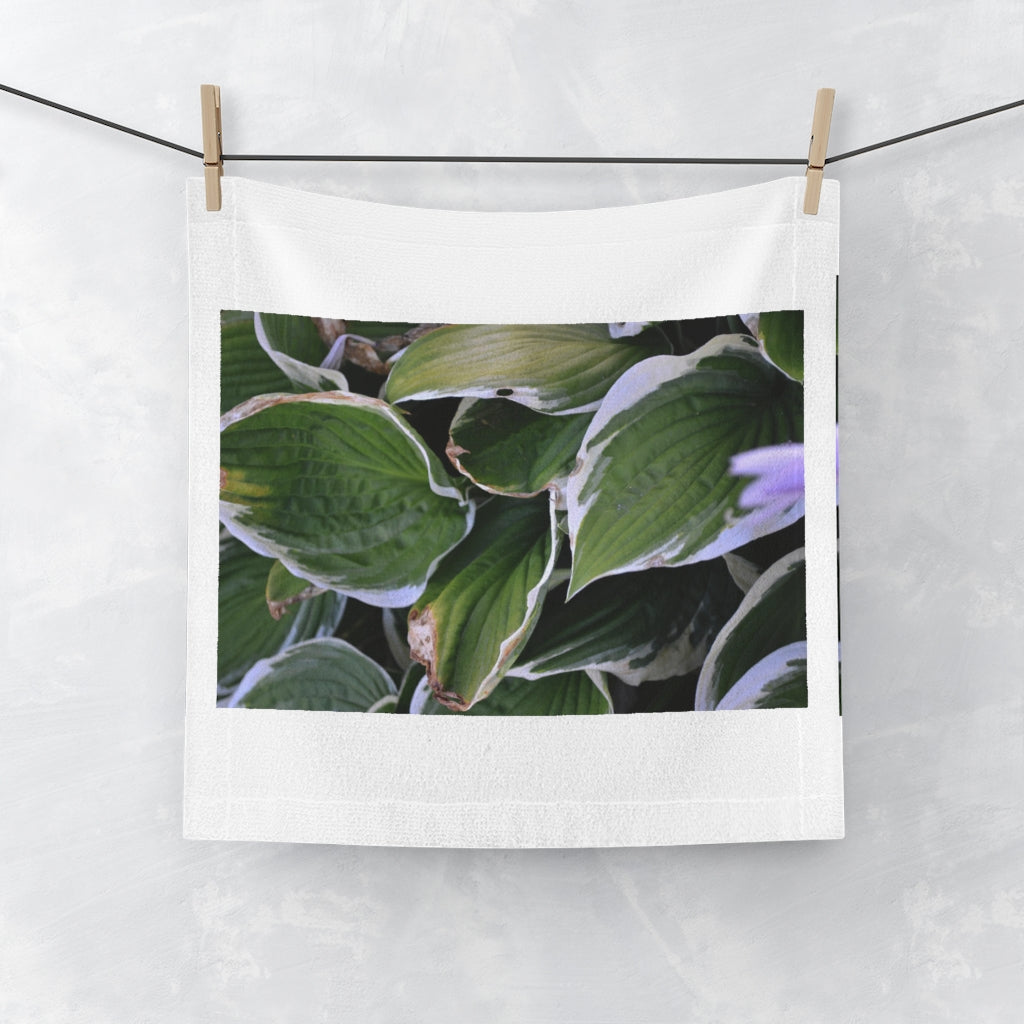 Green Leaves Face Towel featuring a customizable polyester front and soft cotton back, perfect for bathroom use.