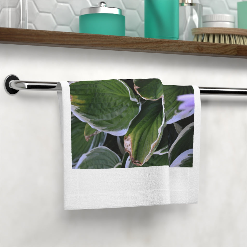 Green Leaves Face Towel featuring a customizable polyester front and soft cotton back, perfect for bathroom use.