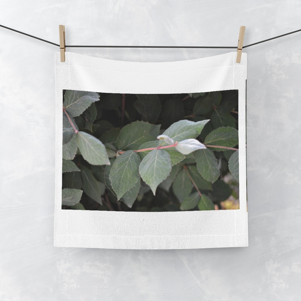 Green Leaves Face Towel featuring a customizable polyester front and soft cotton back, ideal for drying and personalizing.