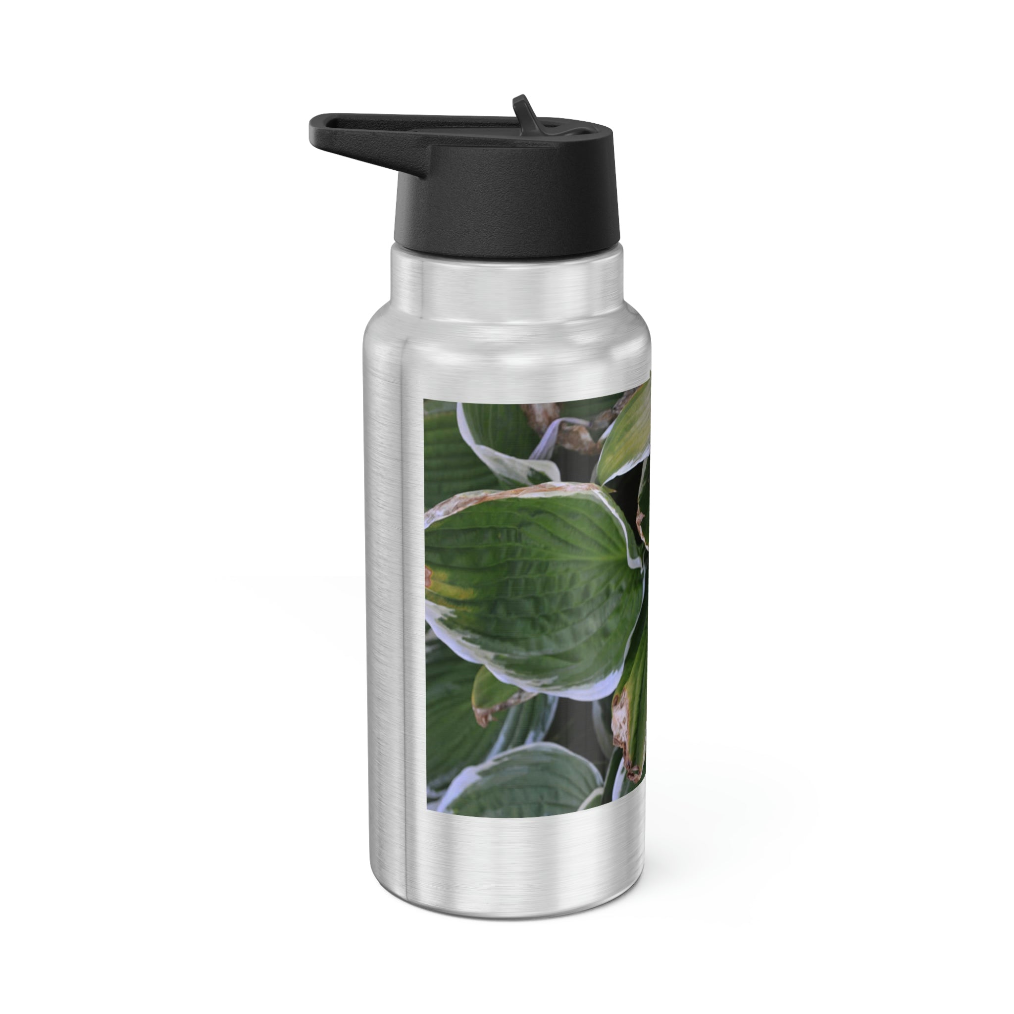 Green Leaves Gator Tumbler, 32oz, stainless steel with a vibrant green leaves design and a black screw-on cap.