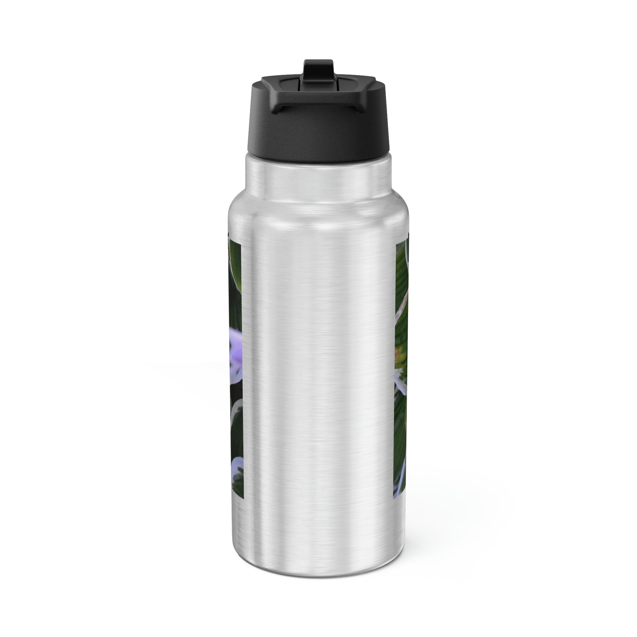 Green Leaves Gator Tumbler, 32oz, stainless steel with a vibrant green leaves design and a black screw-on cap.