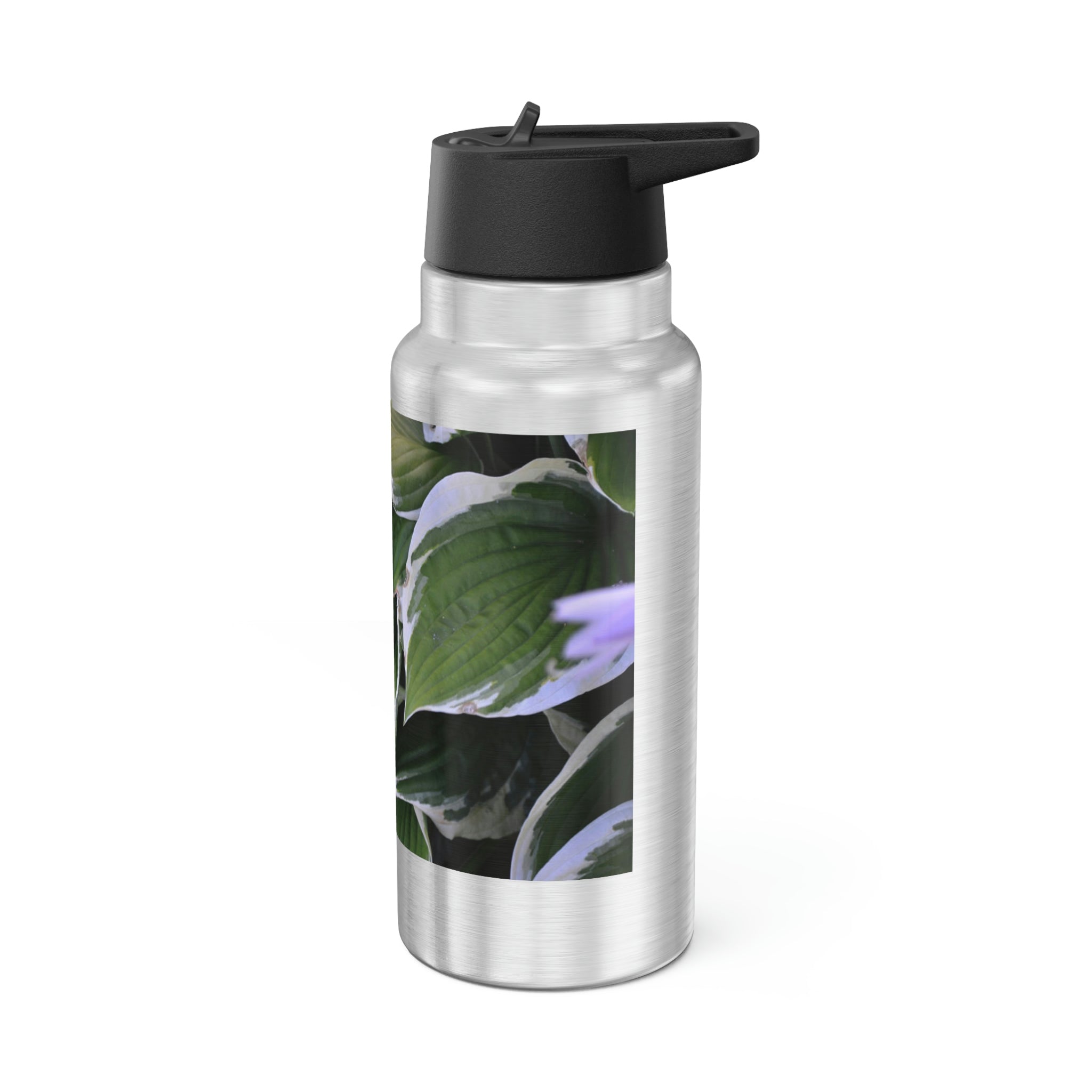 Green Leaves Gator Tumbler, 32oz, stainless steel with a vibrant green leaves design and a black screw-on cap.