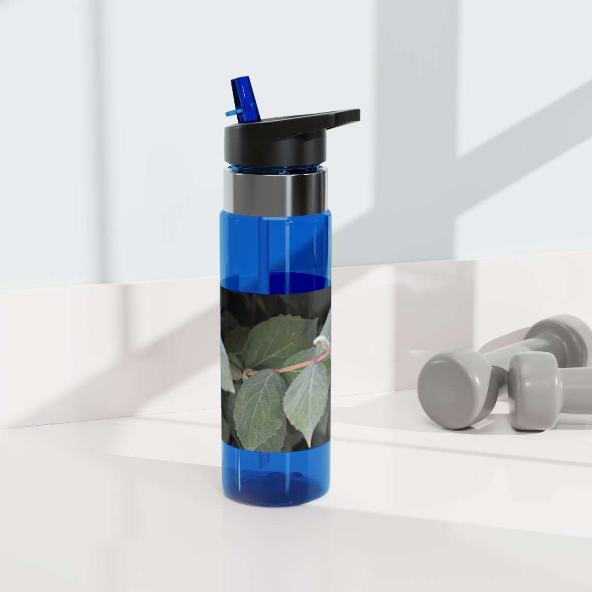 Green Leaves Kensington Tritan™ Sport Bottle in vibrant green color, featuring a screw-on lid, straw, and carabiner hook for easy attachment.