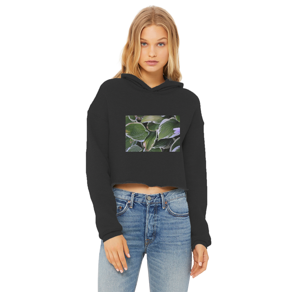 Green Leaves Ladies Cropped Raw Edge Hoodie featuring a stylish cropped design with a raw edge hem, double fabric hood, and ribbed cuffs.