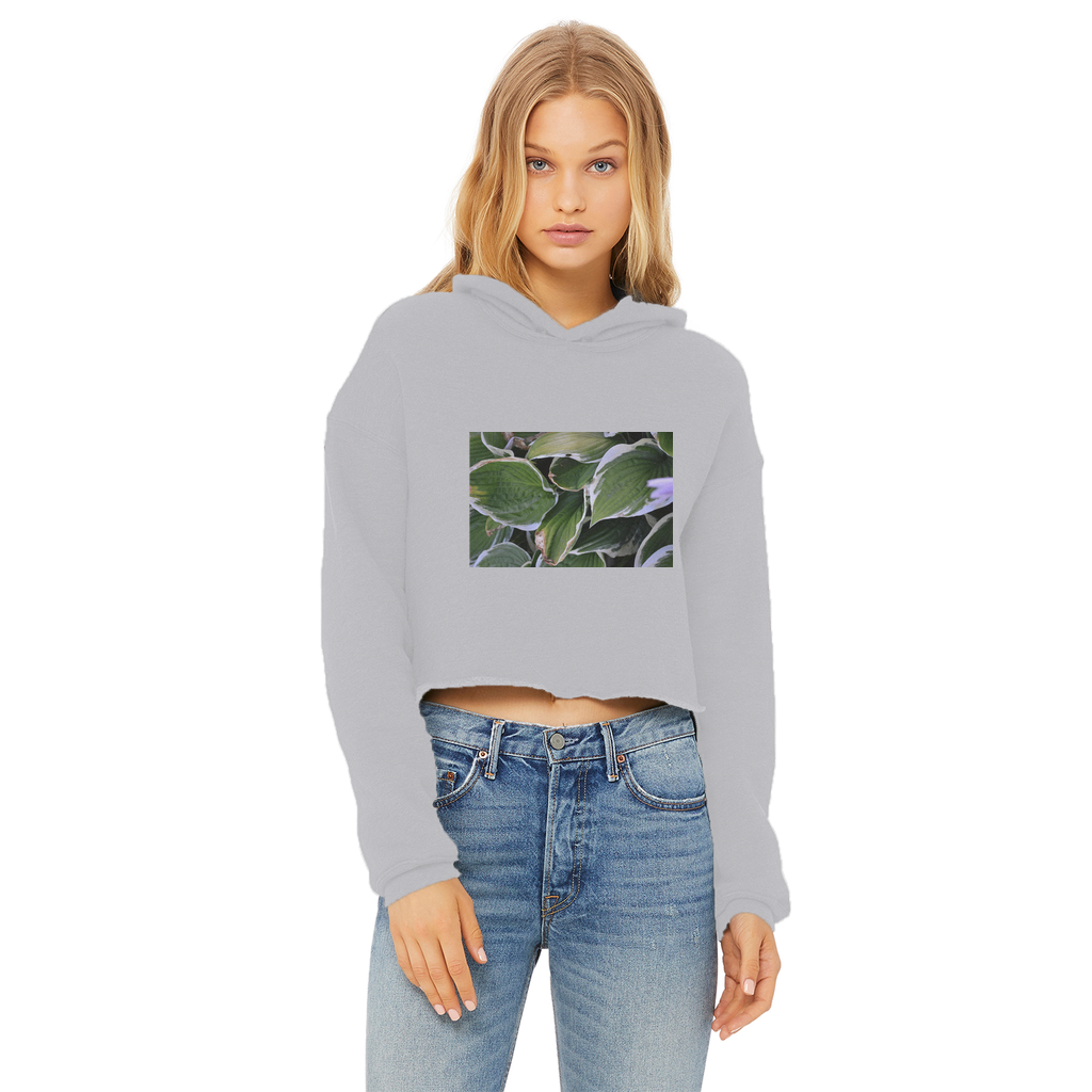 Green Leaves Ladies Cropped Raw Edge Hoodie featuring a stylish cropped design with a raw edge hem, double fabric hood, and ribbed cuffs.