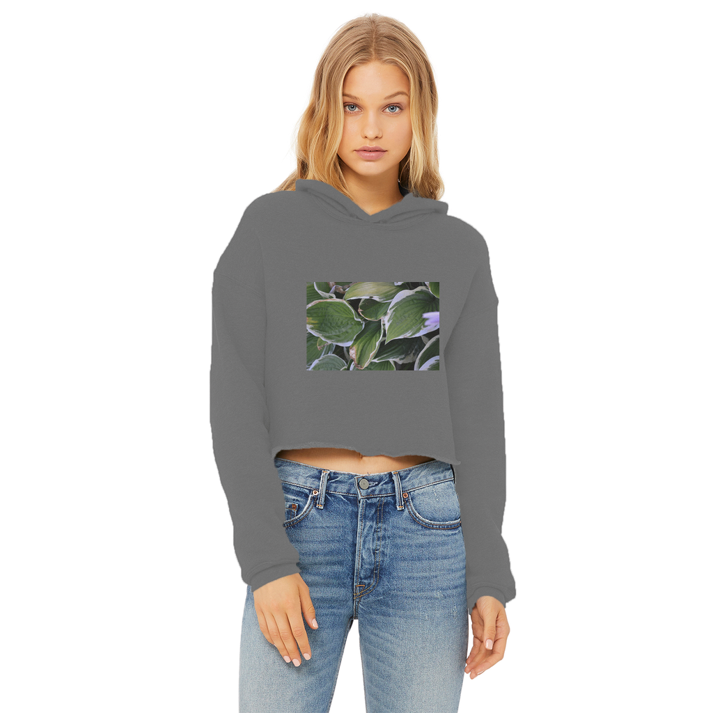 Green Leaves Ladies Cropped Raw Edge Hoodie featuring a stylish cropped design with a raw edge hem, double fabric hood, and ribbed cuffs.