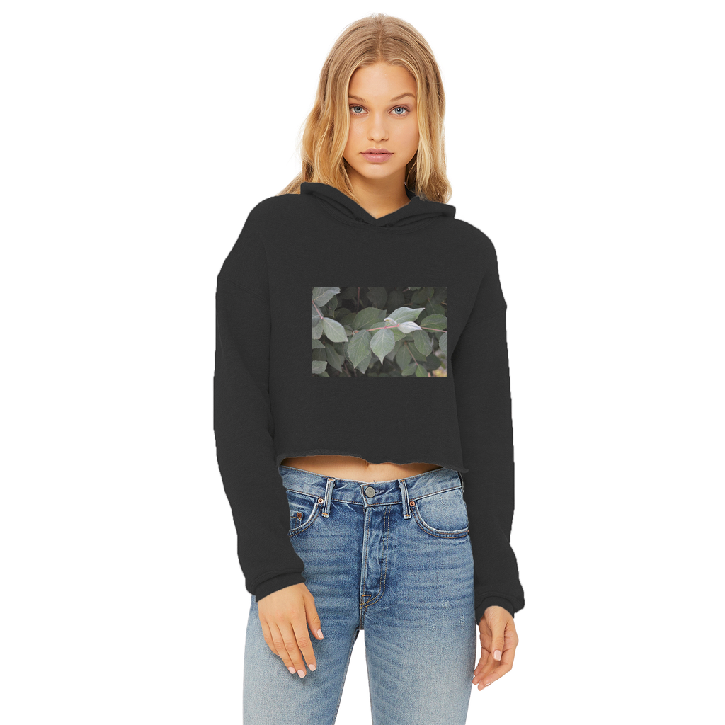 Green Leaves Ladies Cropped Raw Edge Hoodie featuring a stylish cropped design, raw edge hem, and soft cotton fabric.