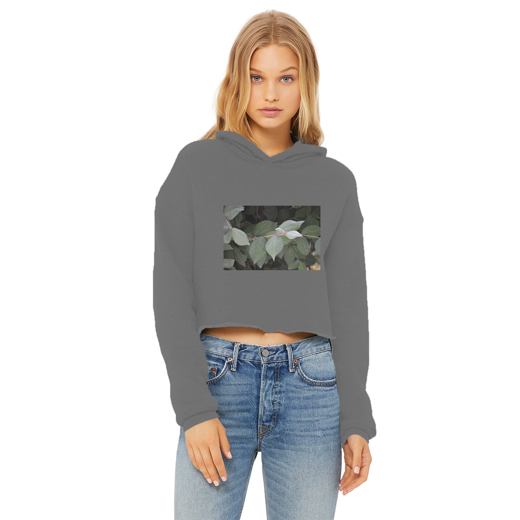 Green Leaves Ladies Cropped Raw Edge Hoodie featuring a stylish cropped design, raw edge hem, and soft cotton fabric.