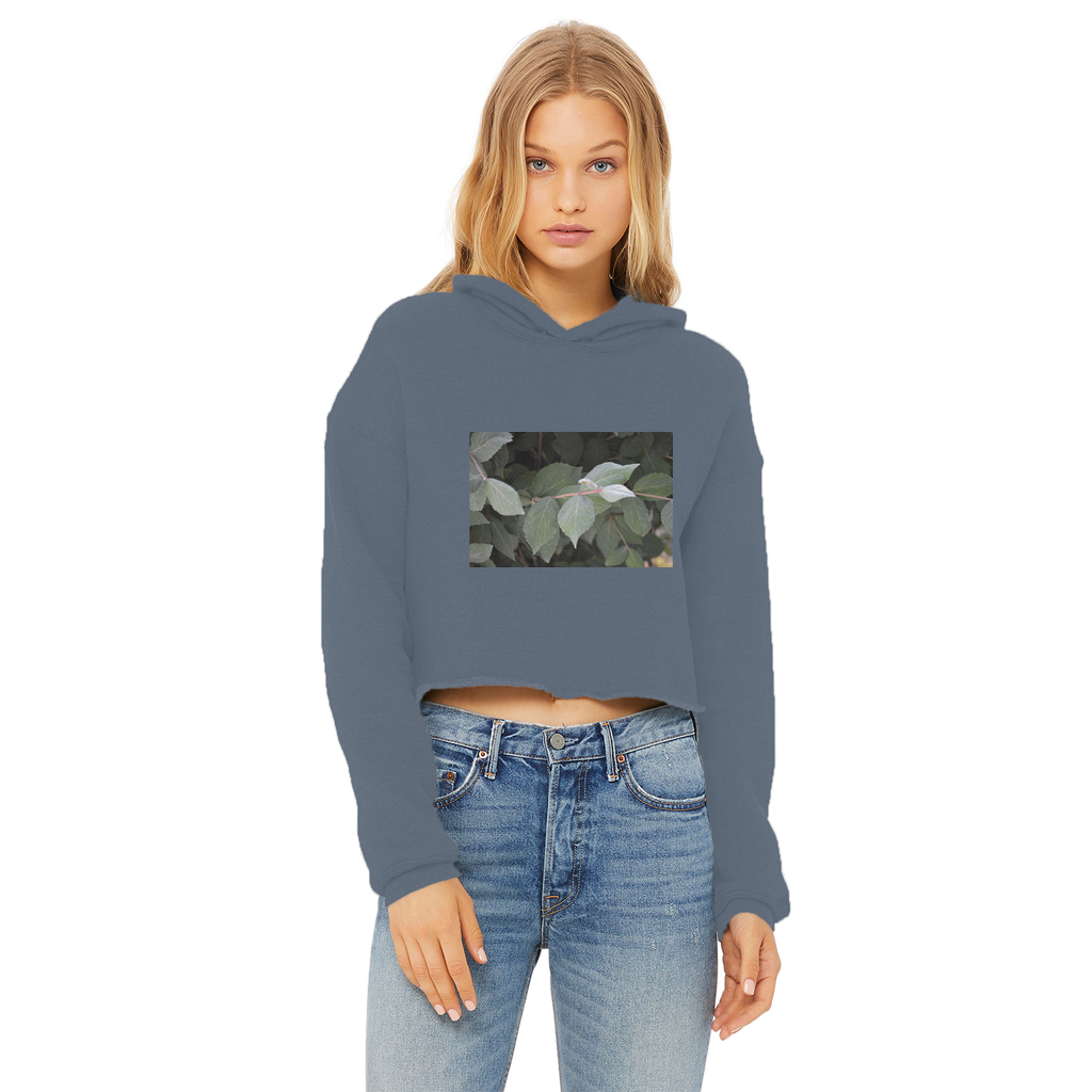 Green Leaves Ladies Cropped Raw Edge Hoodie featuring a stylish cropped design, raw edge hem, and soft cotton fabric.