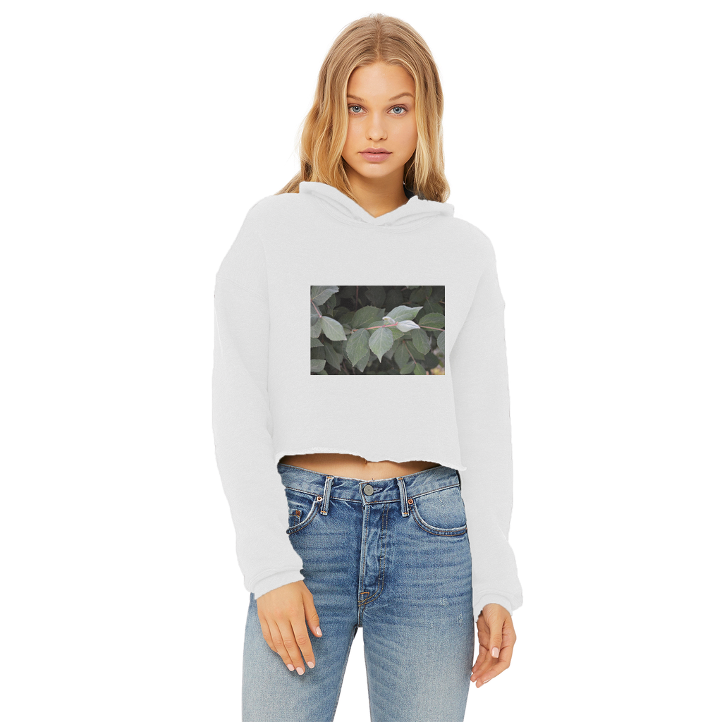 Green Leaves Ladies Cropped Raw Edge Hoodie featuring a stylish cropped design, raw edge hem, and soft cotton fabric.