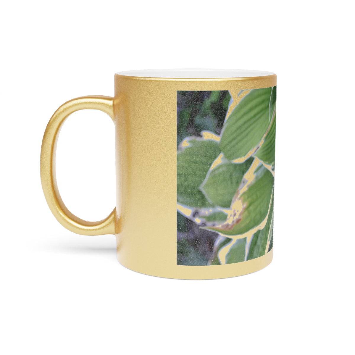 Green Leaves Metallic Mug with Gold and Silver coating, featuring a personalized design option and a comfortable C-handle.