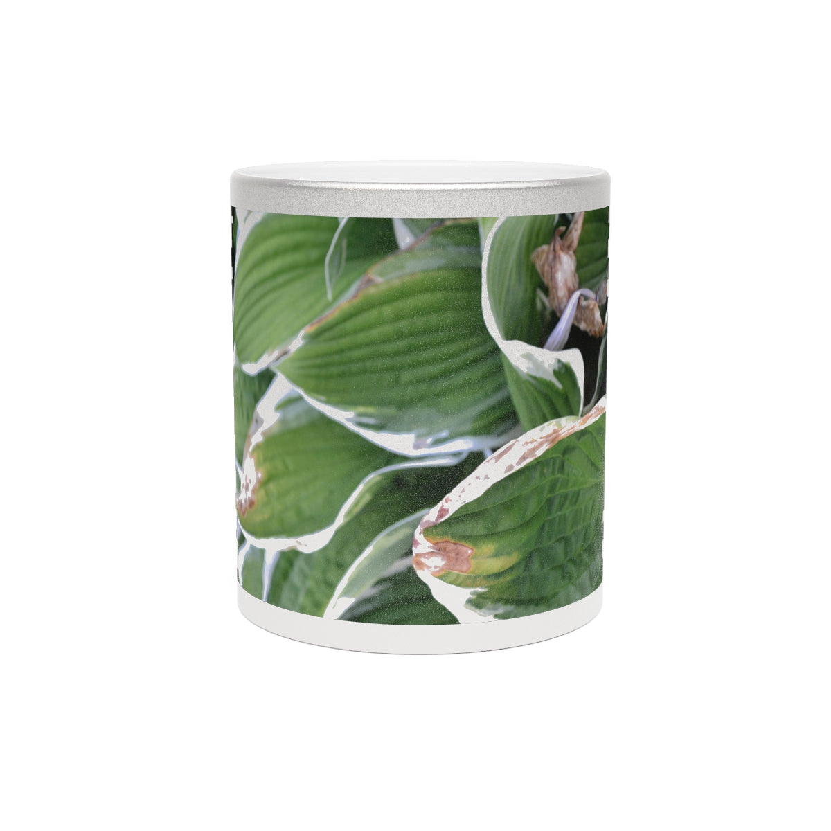 Green Leaves Metallic Mug with Gold and Silver coating, featuring a personalized design option and a comfortable C-handle.