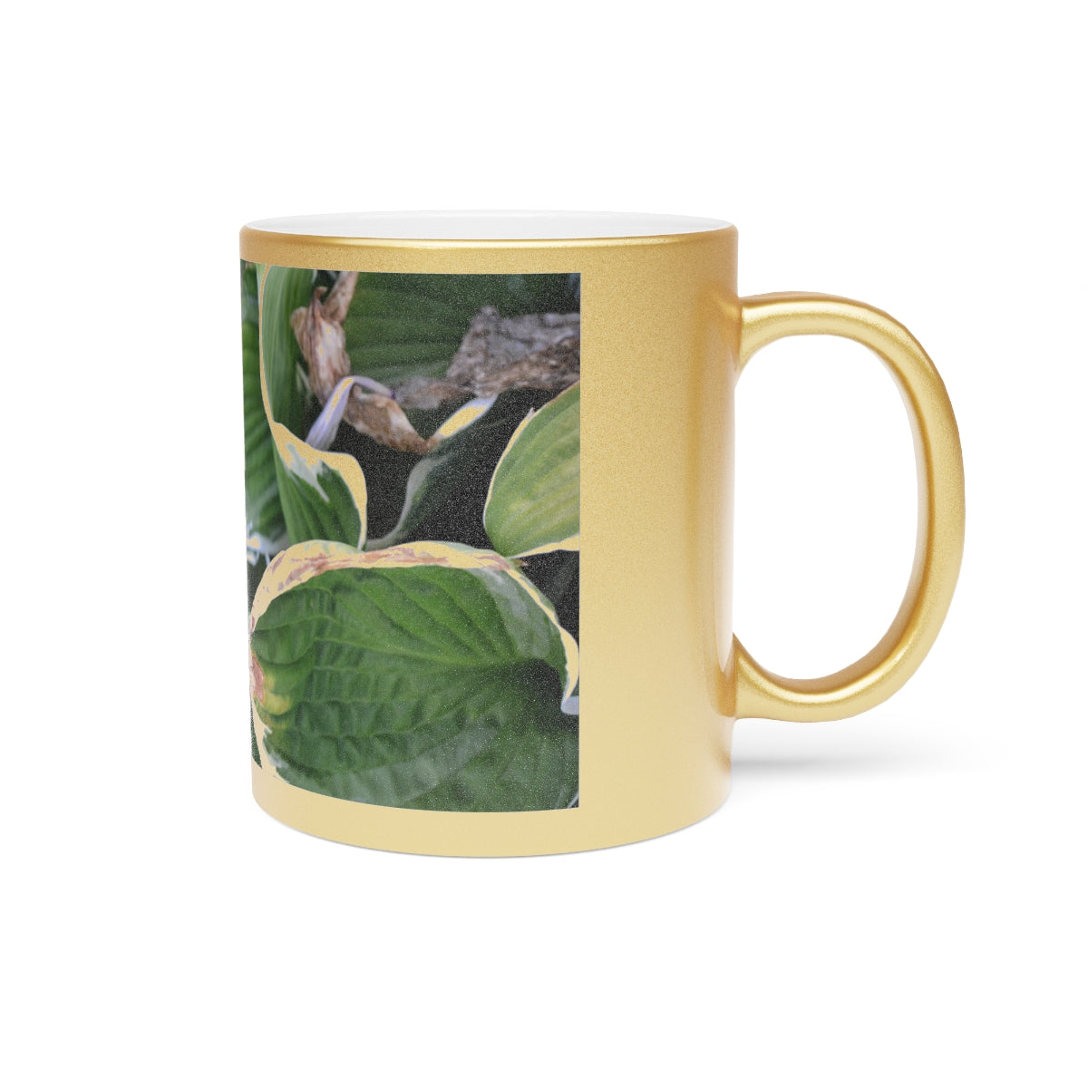 Green Leaves Metallic Mug with Gold and Silver coating, featuring a personalized design option and a comfortable C-handle.