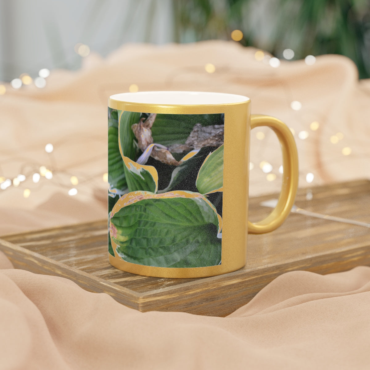 Green Leaves Metallic Mug with Gold and Silver coating, featuring a personalized design option and a comfortable C-handle.