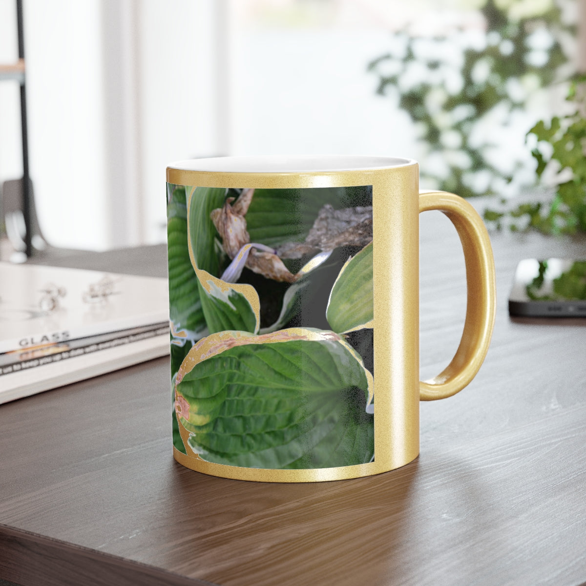 Green Leaves Metallic Mug with Gold and Silver coating, featuring a personalized design option and a comfortable C-handle.