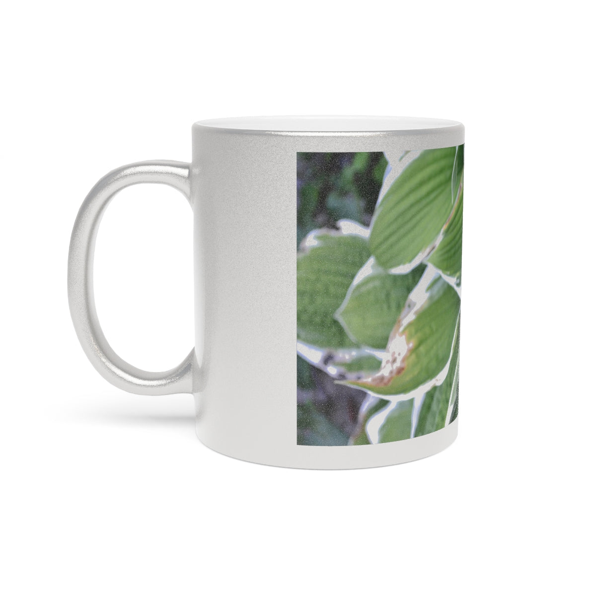 Green Leaves Metallic Mug with Gold and Silver coating, featuring a personalized design option and a comfortable C-handle.