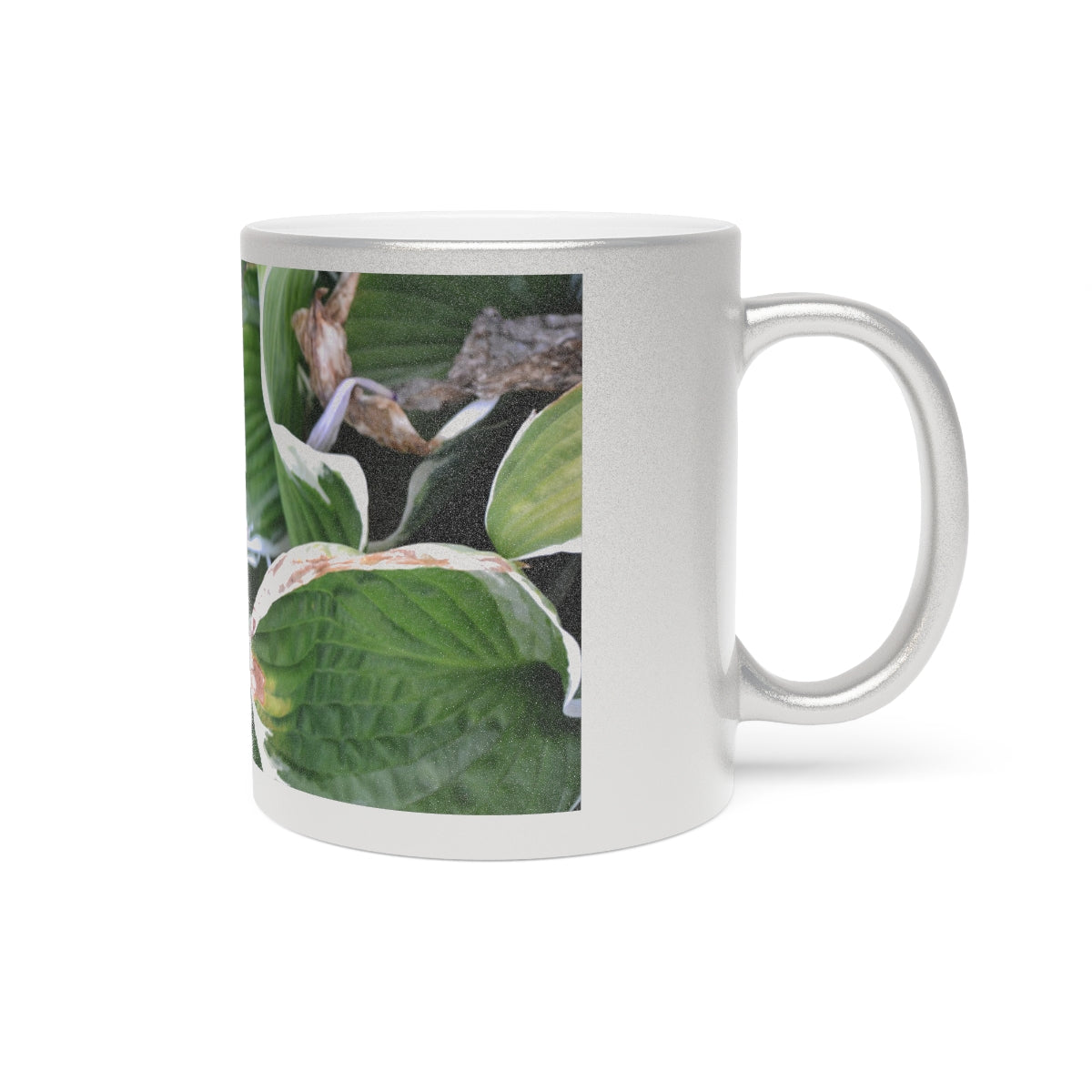 Green Leaves Metallic Mug with Gold and Silver coating, featuring a personalized design option and a comfortable C-handle.