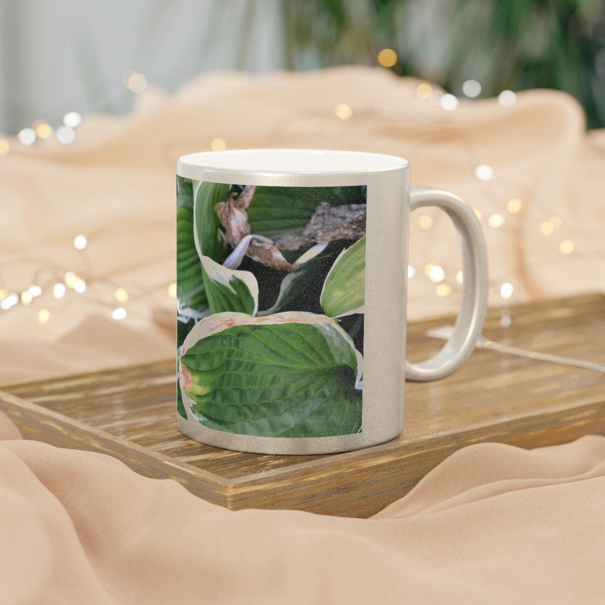 Green Leaves Metallic Mug with Gold and Silver coating, featuring a personalized design option and a comfortable C-handle.