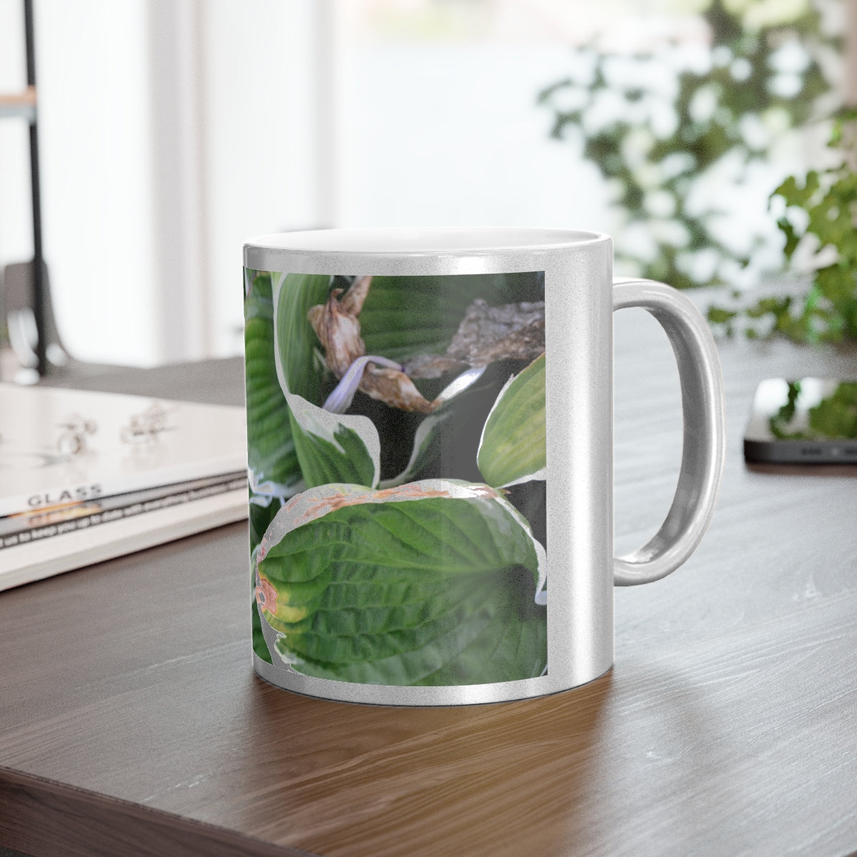 Green Leaves Metallic Mug with Gold and Silver coating, featuring a personalized design option and a comfortable C-handle.