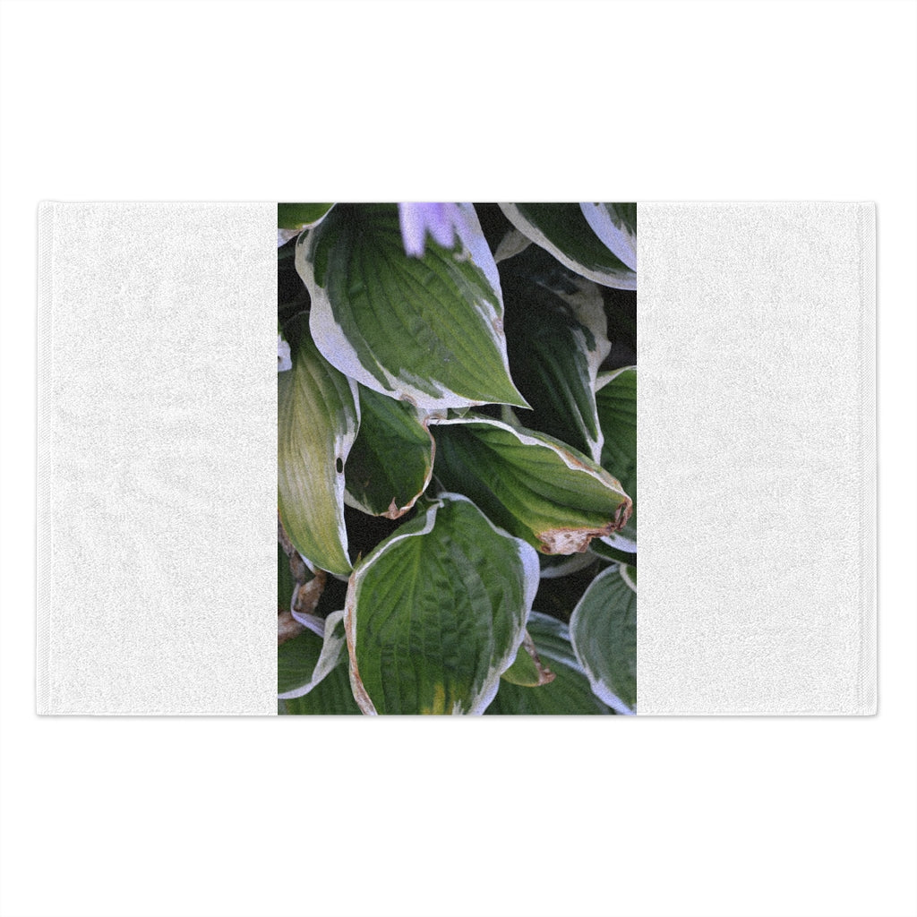 Green Leaves Rally Towel measuring 11x18 inches, featuring a soft cotton backing and printed mink polyester front.