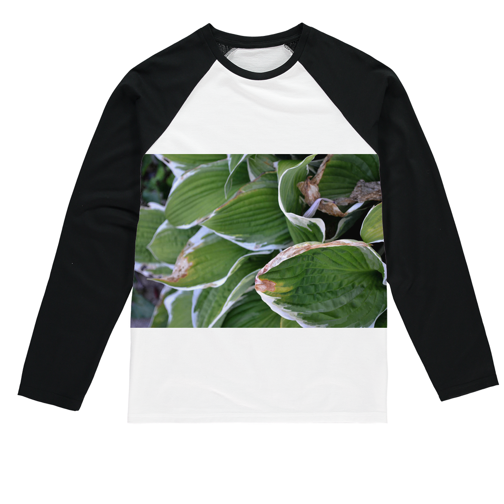 Green Leaves Sublimation Baseball Long Sleeve T-Shirt featuring a stylish design with long sleeves and a crew neck, ideal for custom printing.