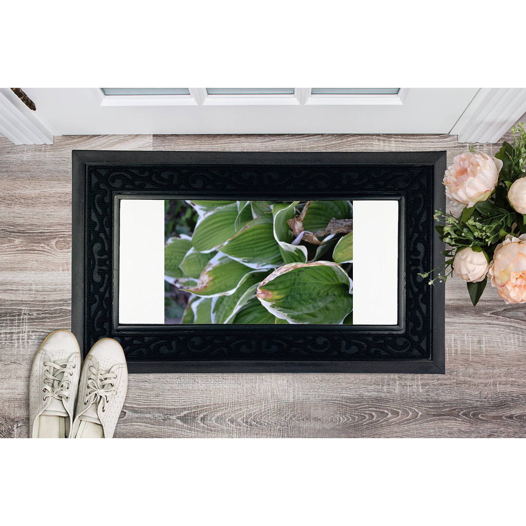 Green Leaves Sublimation Heavy Duty Door Mat with a non-slip rubber base and elegant fabric brush border, perfect for entryways.