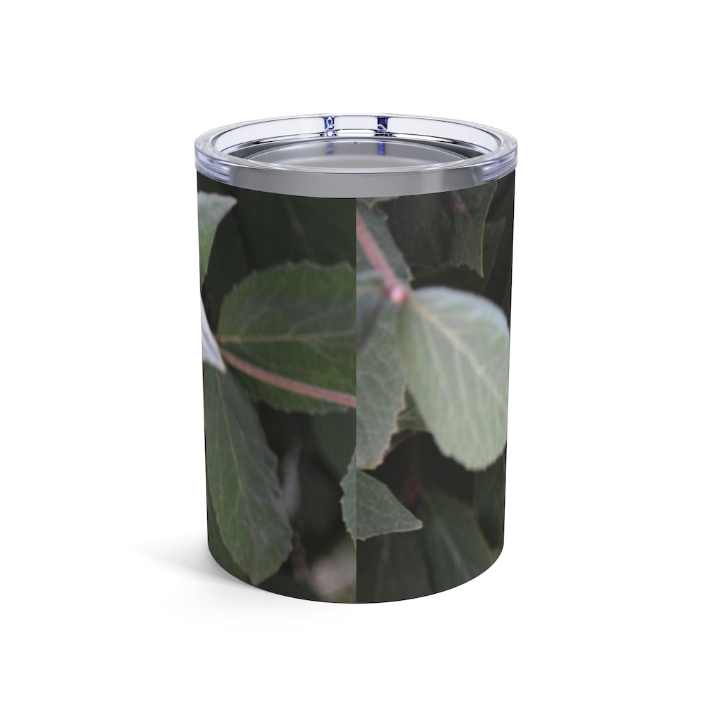 Green Leaves Tumbler 10oz made of stainless steel with a see-thru plastic lid, featuring a nature-inspired green leaves design.