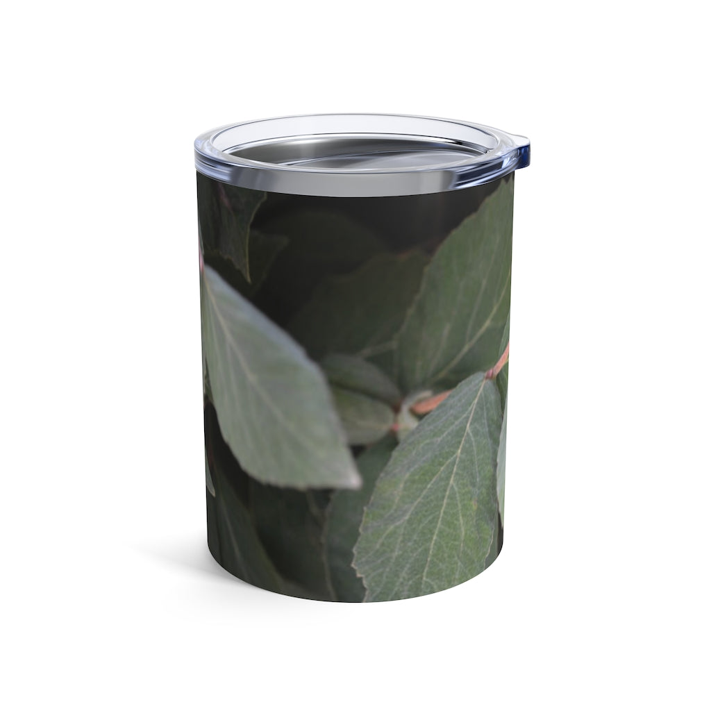 Green Leaves Tumbler 10oz made of stainless steel with a see-thru plastic lid, featuring a nature-inspired green leaves design.