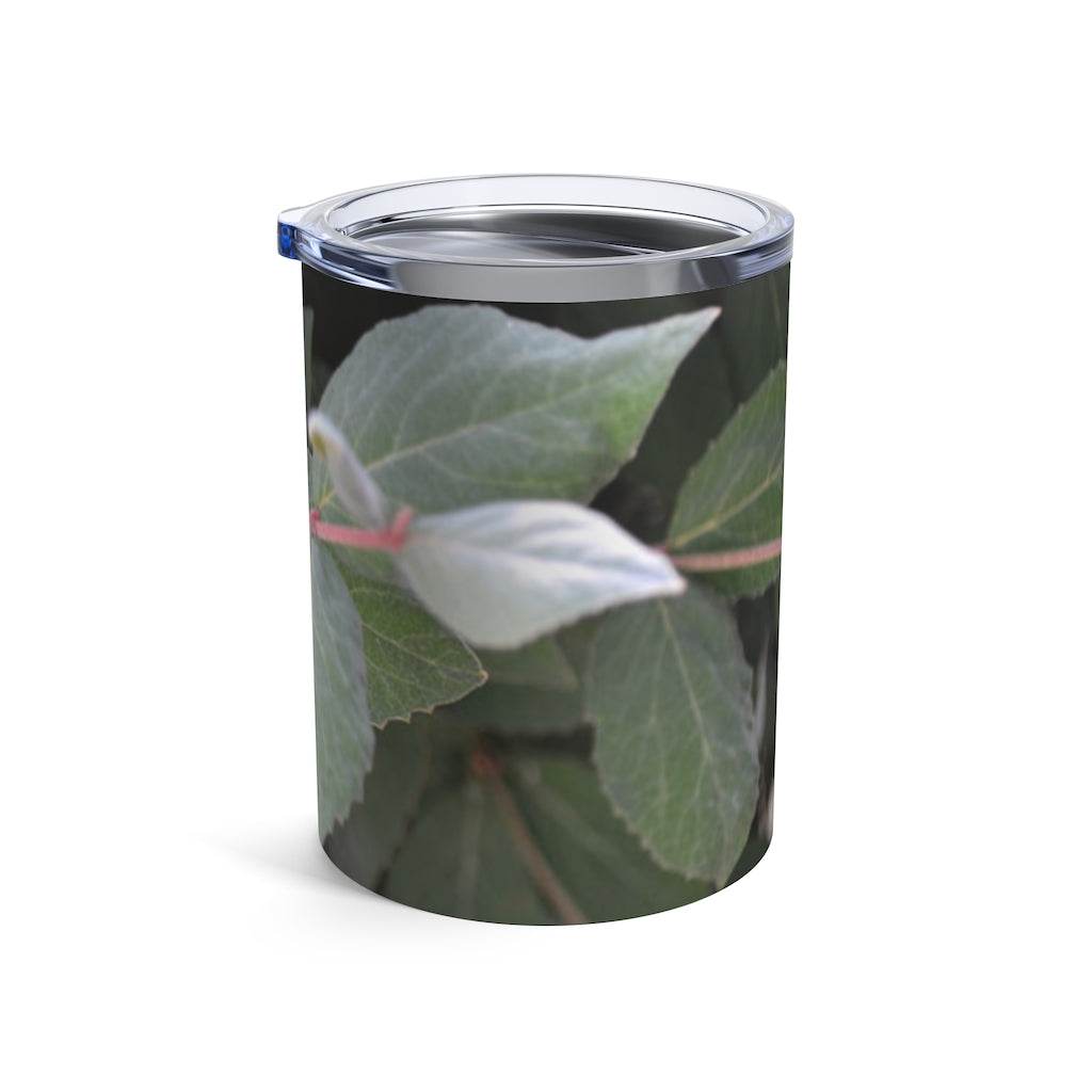 Green Leaves Tumbler 10oz made of stainless steel with a see-thru plastic lid, featuring a nature-inspired green leaves design.