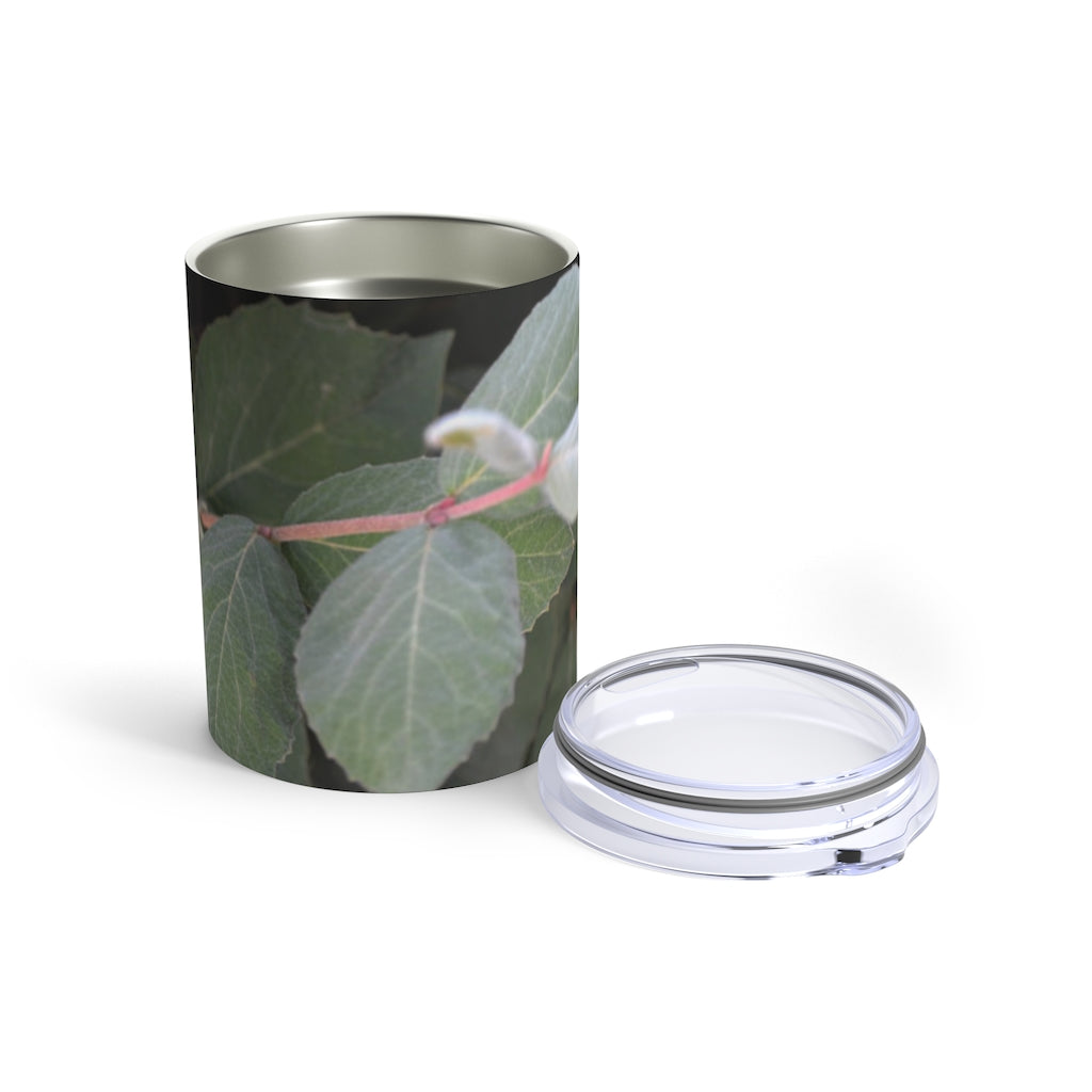 Green Leaves Tumbler 10oz made of stainless steel with a see-thru plastic lid, featuring a nature-inspired green leaves design.