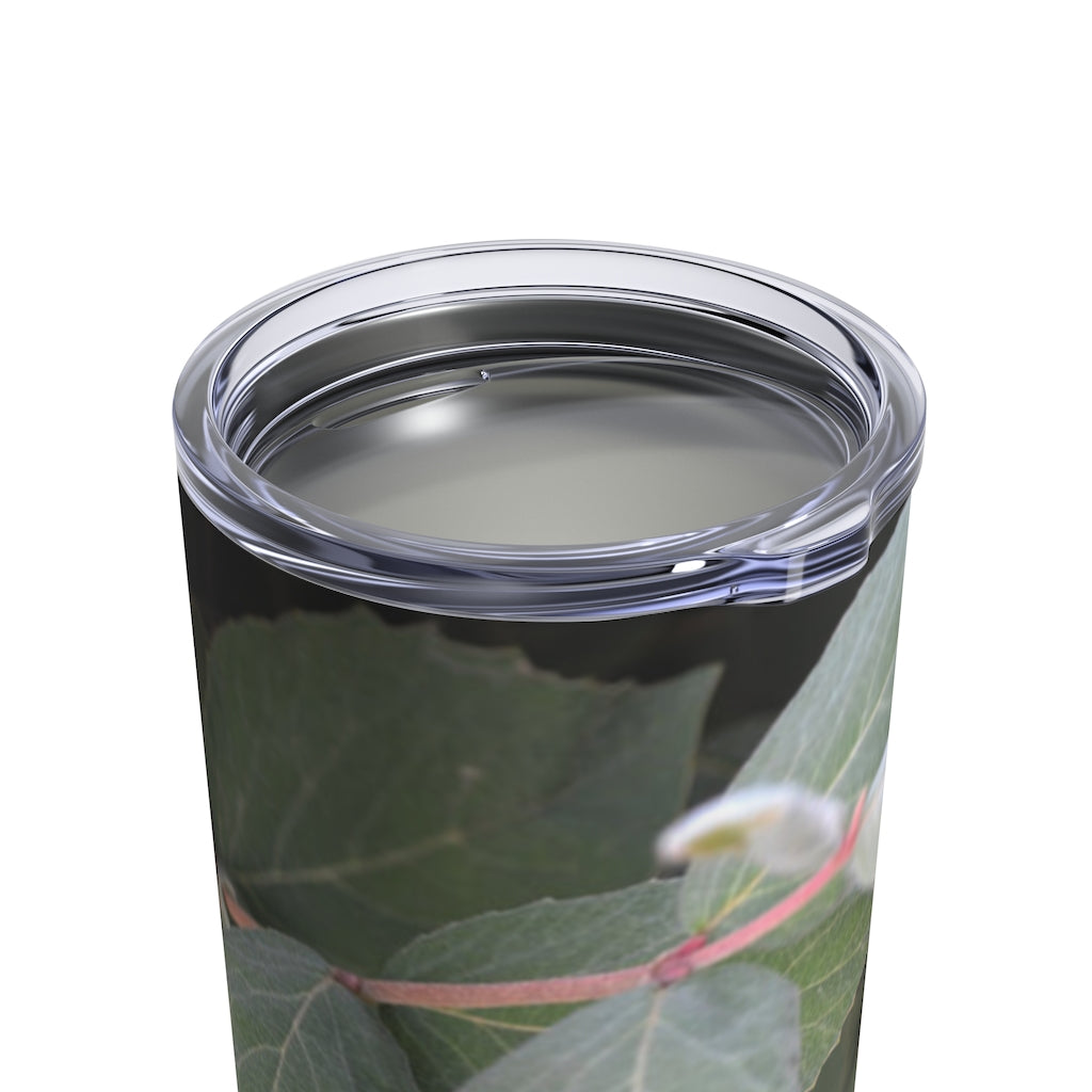 Green Leaves Tumbler 10oz made of stainless steel with a see-thru plastic lid, featuring a nature-inspired green leaves design.