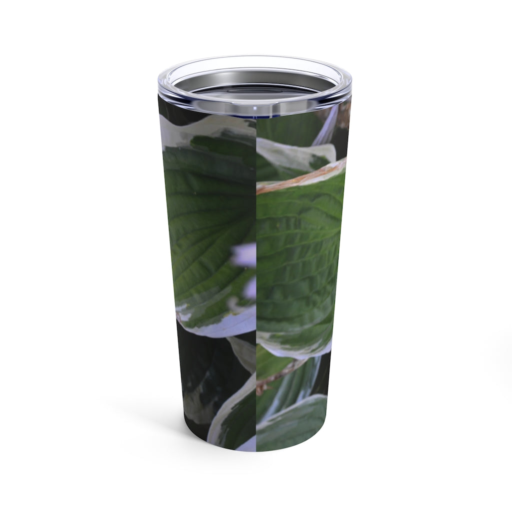 Green Leaves Tumbler 20oz made of stainless steel with a see-thru plastic lid, featuring a stylish green leaves design.